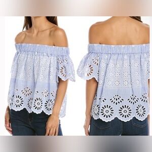 Sea New York Blue White Off the Shoulder Blouse Eyelet Size 8 relaxed flowy bare